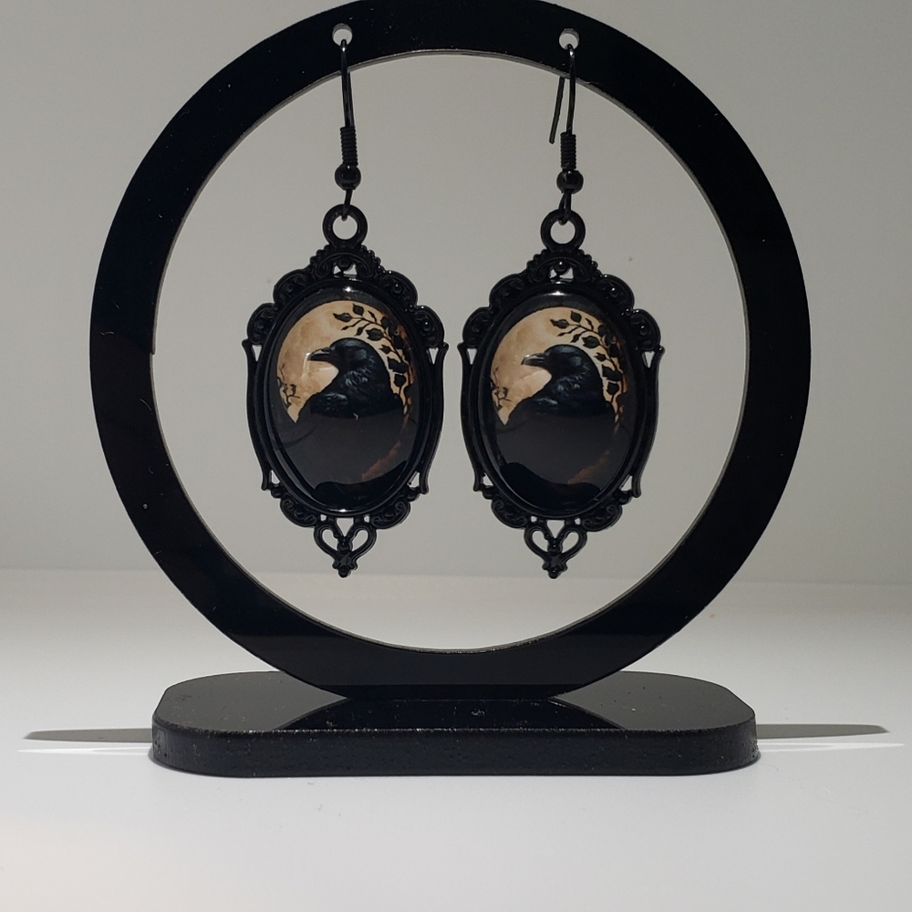 Halloween- One Pair of a Gothic Poe Raven with a Full  Moon Earrings